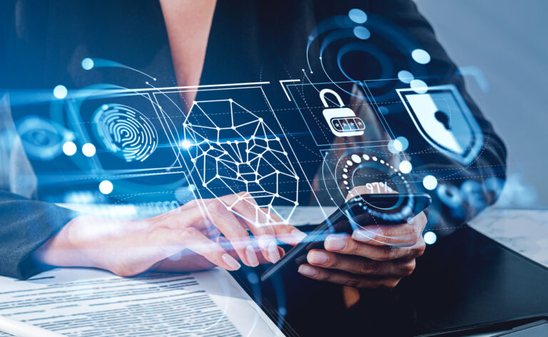 Businesswoman finger touch phone, biometric scanning with face id and data protection hud, digital hologram with fingerprint and lock. Concept of data protection